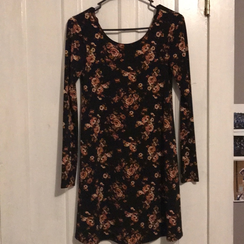 Black dress with floral print.