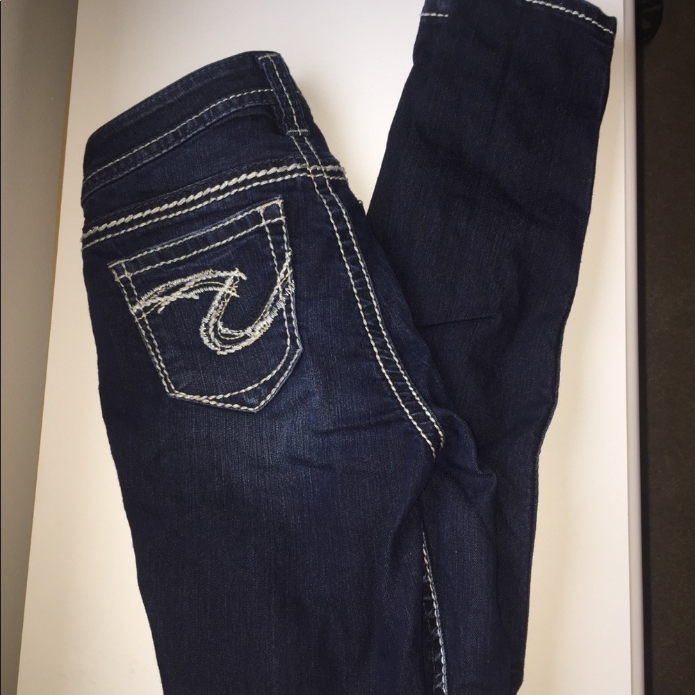 High waisted silver dark wash jeans