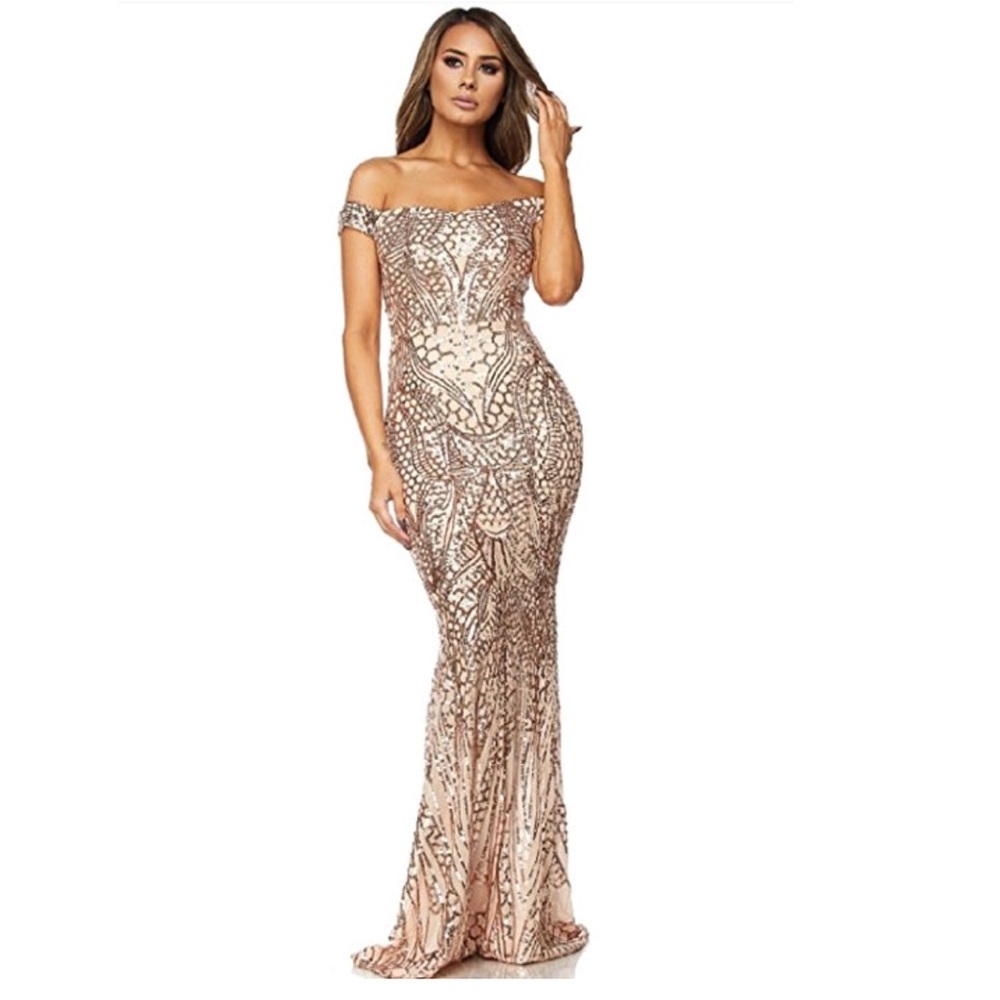 Off Shoulder sequin beaded maxi dress