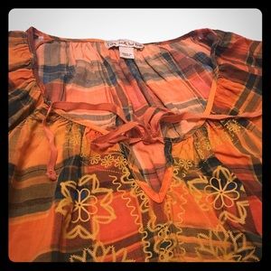 Orange Plaid Boho Peasant Embroidered Top