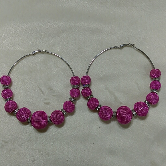 Silver and Pink Hoop Earrings with diamonds - Picture 1 of 1