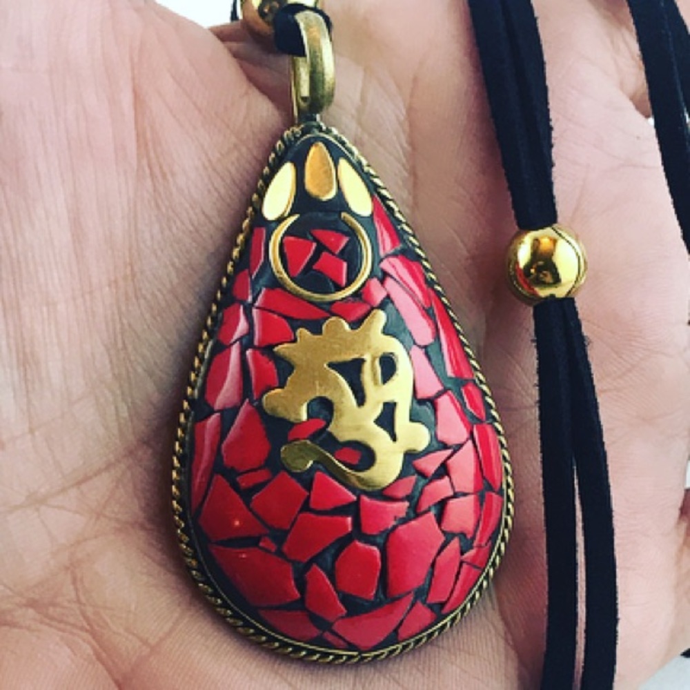 SALE ! Coral boho om sign gold leather necklace