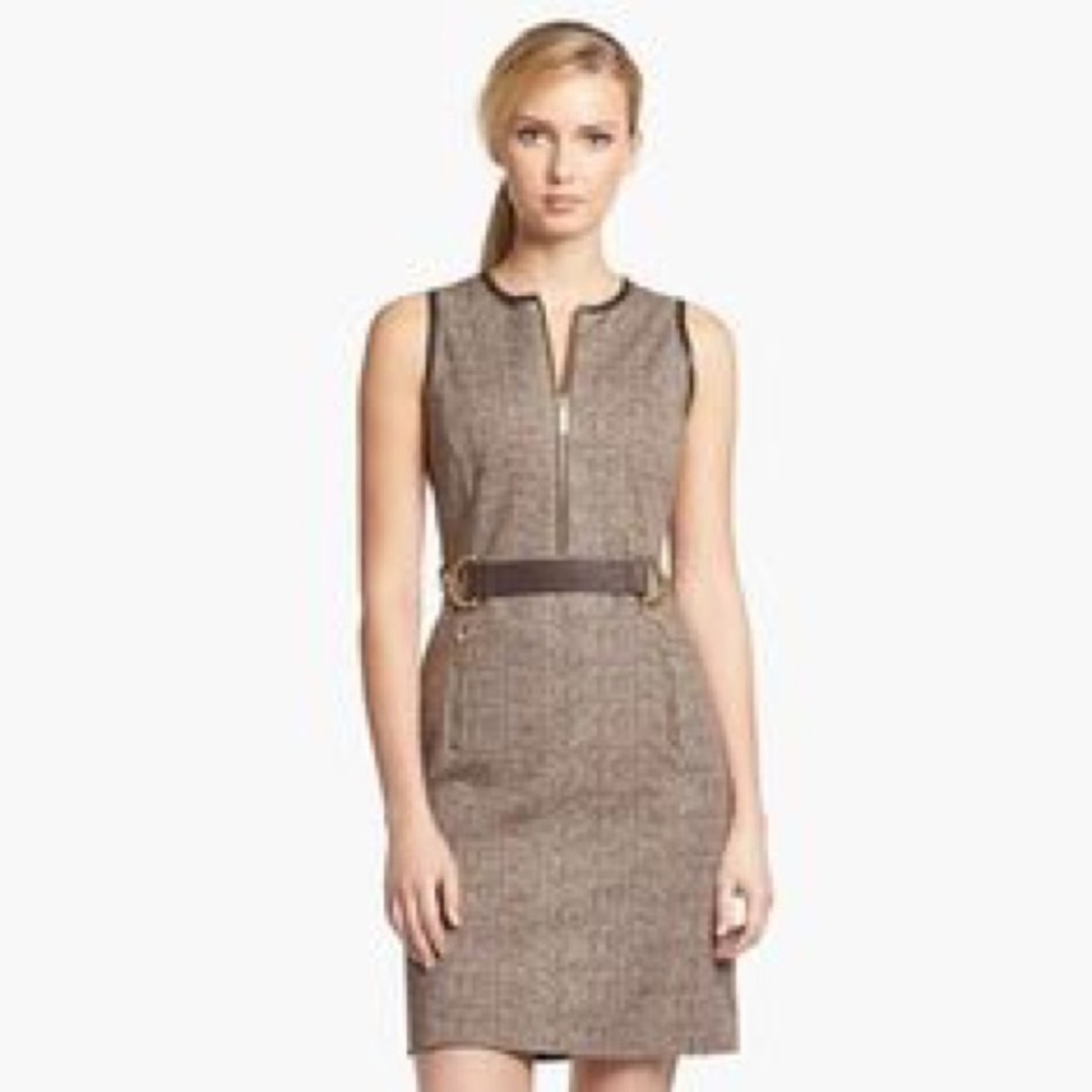 Michael Kors Leather Buckle Trim Tweed Dress