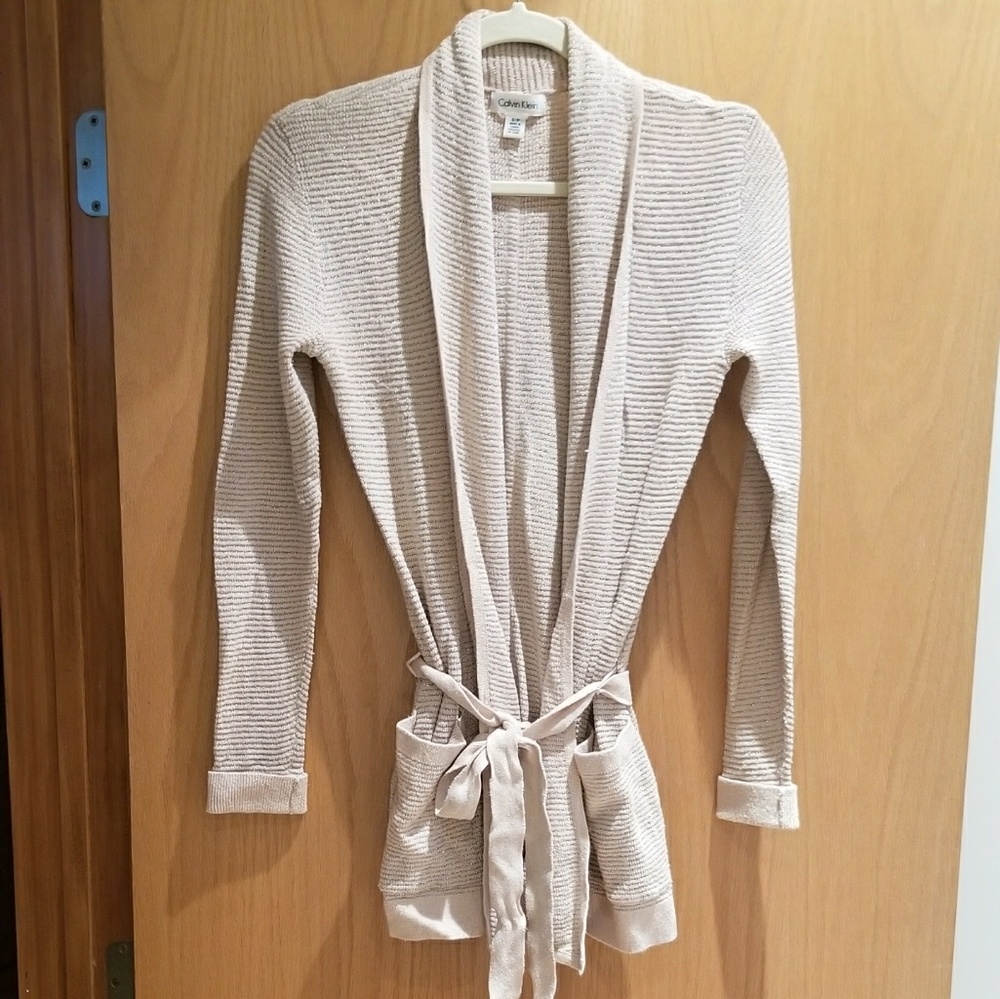 Calvin Klein lurex stripe belted cardigan