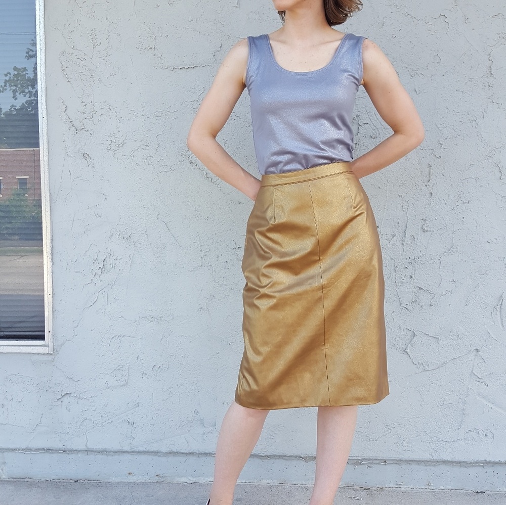High Waisted Gold Matte Leather Skirt