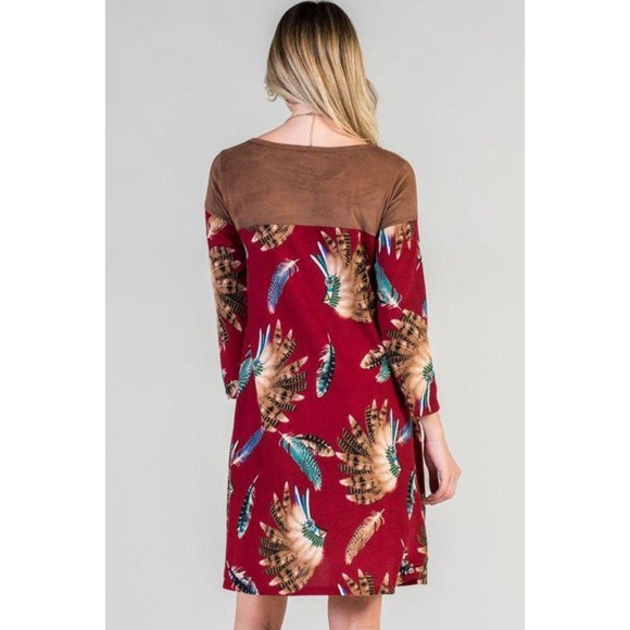 Burgundy feather swing dress with suede contrast - Picture 4 of 4