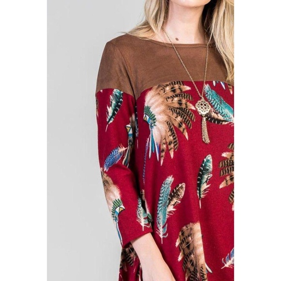 Burgundy feather swing dress with suede contrast - Picture 3 of 4