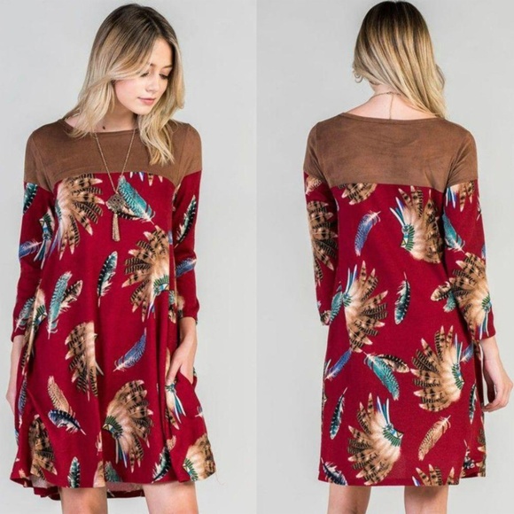 Pink Peplum Boutique Dresses & Skirts - Burgundy feather swing dress with suede contrast