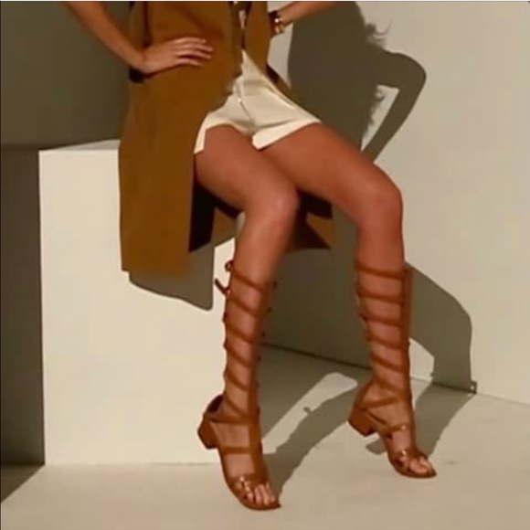 Leather Gladiator Kitten Heel Knee High Sandals - Picture 2 of 8