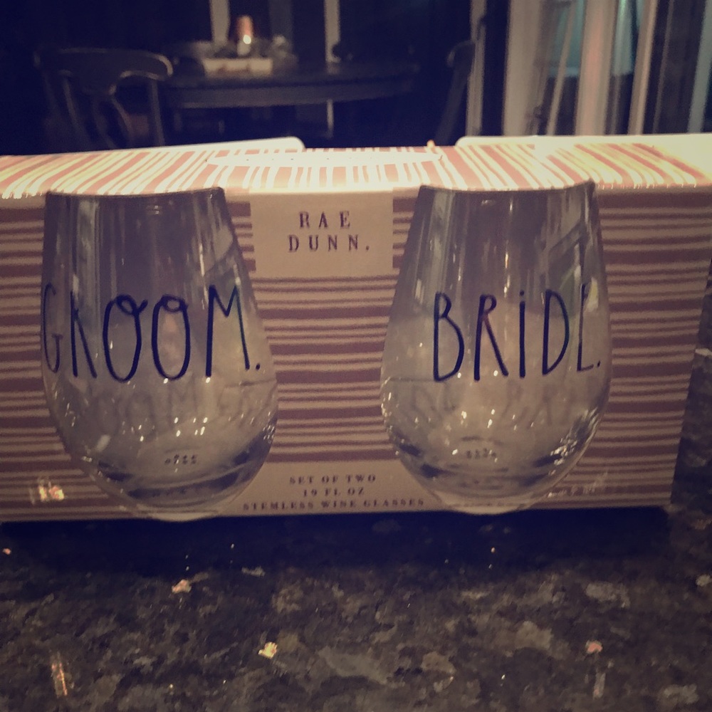 Rae Dunn bride and groom glasses