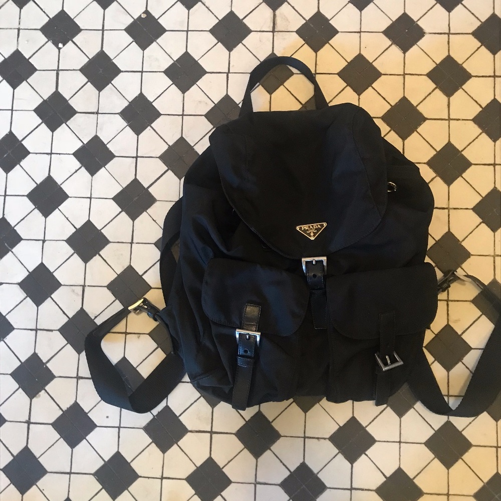 Prada Vela black nylon backpack with leather trim