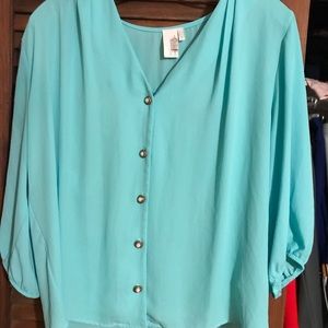 Francesca’s turquoise blouse with pearl buttons