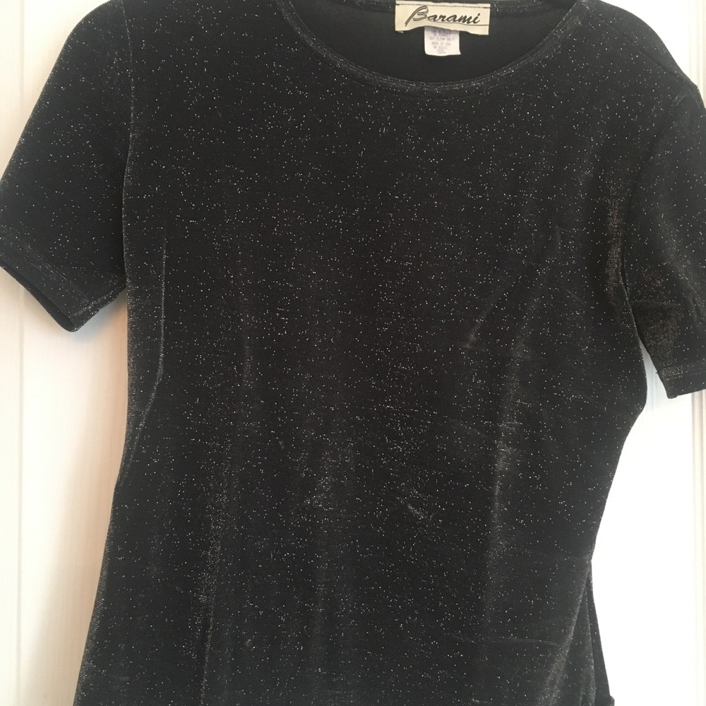 Black top with sliver metallic thread.