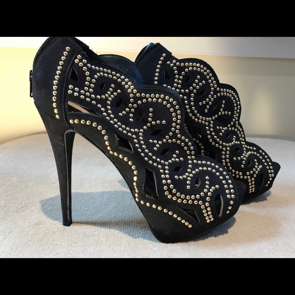 JUST FAB black cutout ankle booties w/ gold studs