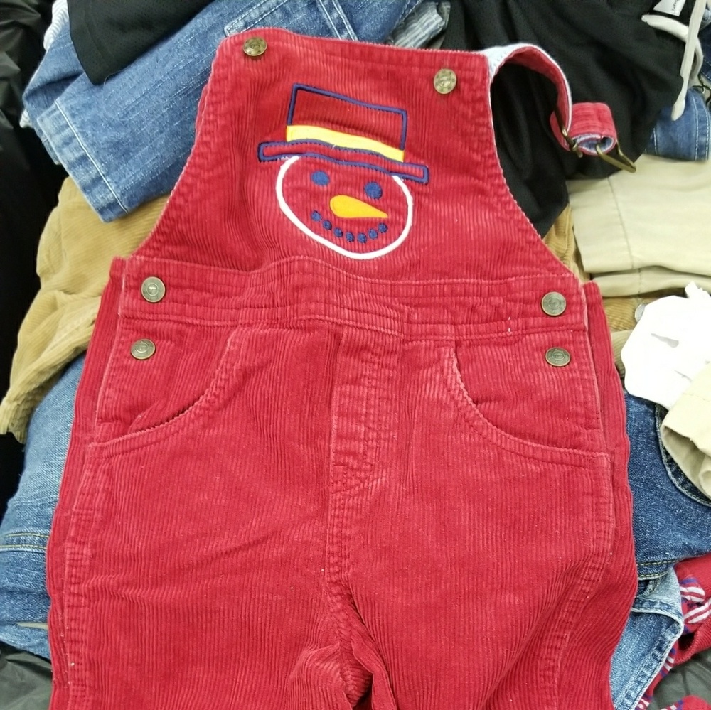 Cute red snowman cord overeralls for boys