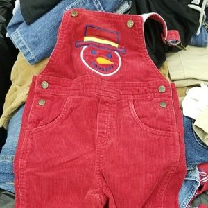 Cute red snowman cord overeralls for boys