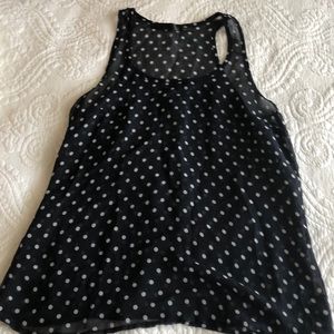 Navy and white polka dot top