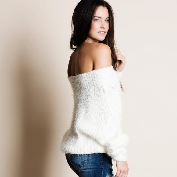Off Shoulder Fuzzy Sweater - Picture 2 of 4