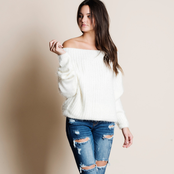 Off Shoulder Fuzzy Sweater - Picture 4 of 4