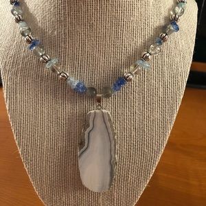 Blue and Silver beaded necklace with stone pendant
