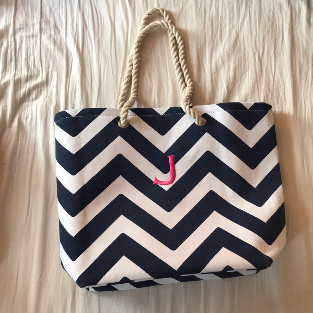 Monogram J Tote Rope Bag Chevron white navy pink