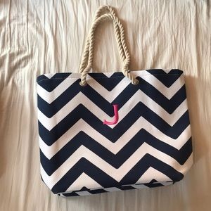 Monogram J Tote Rope Bag Chevron white navy pink