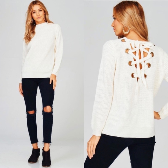 Glamvault Sweaters - Reversible Chunky Knit Back Lace Up Sweater sold