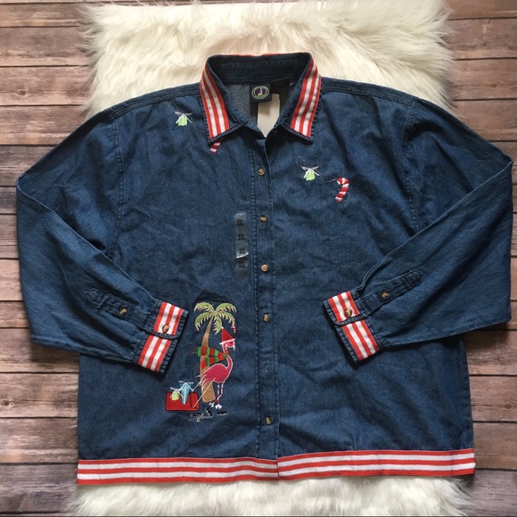 Lighthouse Apparel Tops - Lighthouse Apparel Christmas Flamingo Denim Top