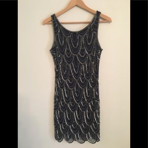 Pisarro Nights Navy Beaded Sheath Dress, size 6