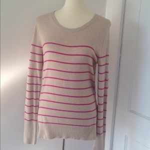 Beige sweater with fuchsia stripes size large.