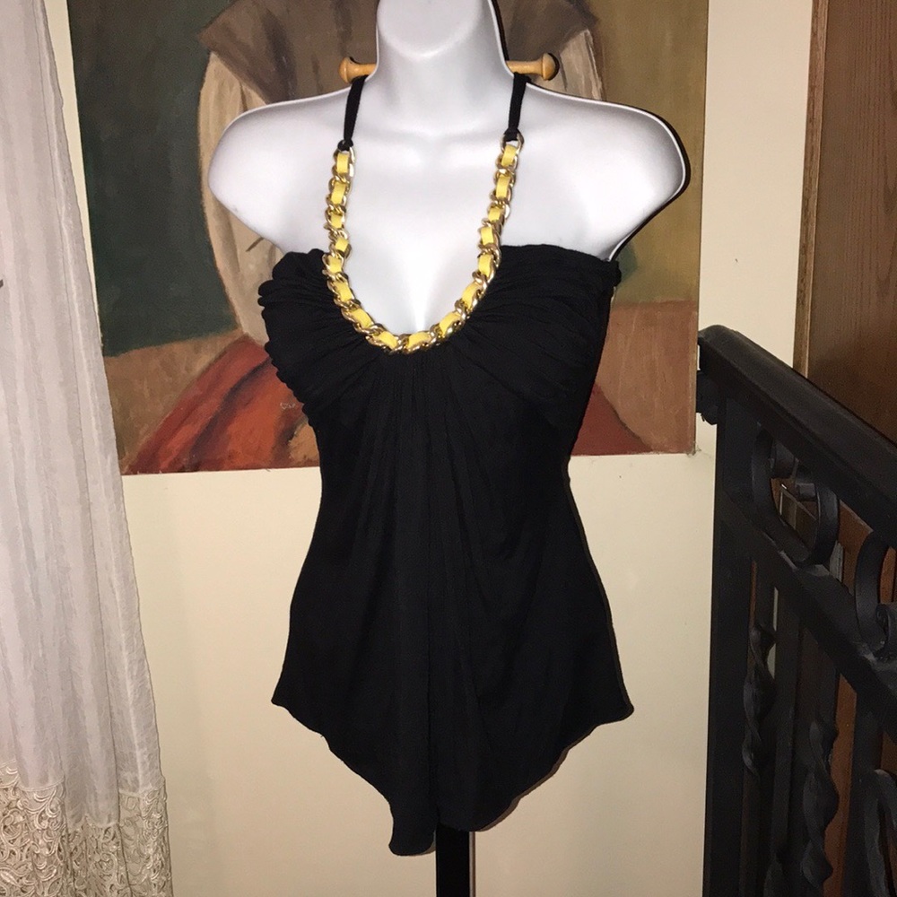 Sky halter top black gold chain yellow leather XS