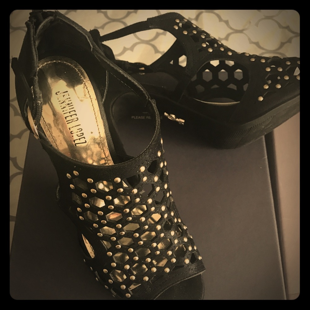 JLo Black suede and gold heels