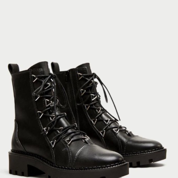 Zara Black Leather Combat Boot - Picture 1 of 8