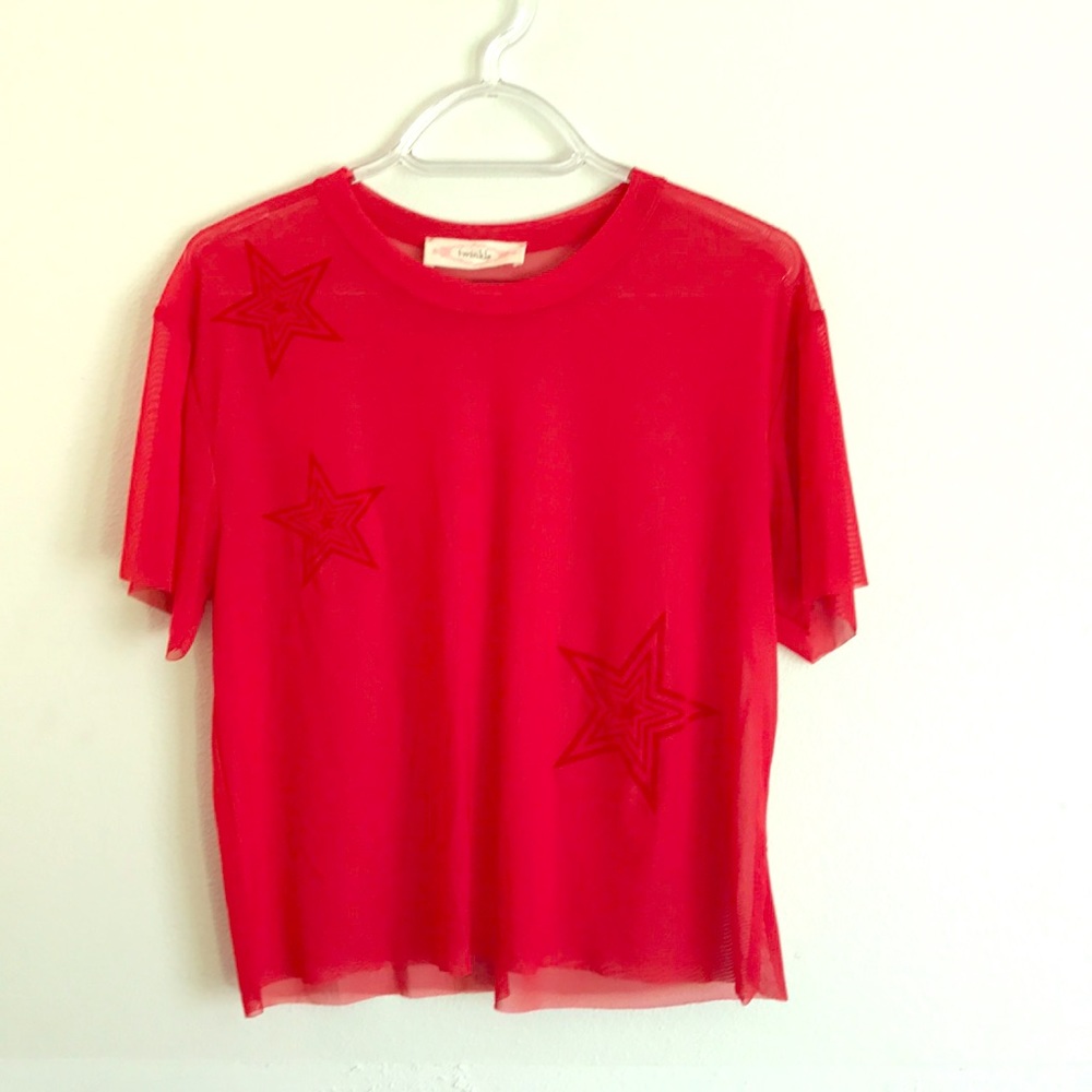 Red star T-shirt. Mesh with 3 stars on the front