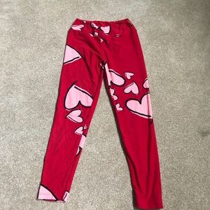 LulaRoe red leggings with pink hearts