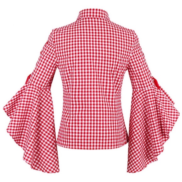 🍂 Red Gingham Plaid Ruffle Flare Tie Sleeve Top - Picture 2 of 4