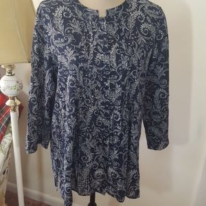 Shaped Fit  paisley blue button down top. Size 14