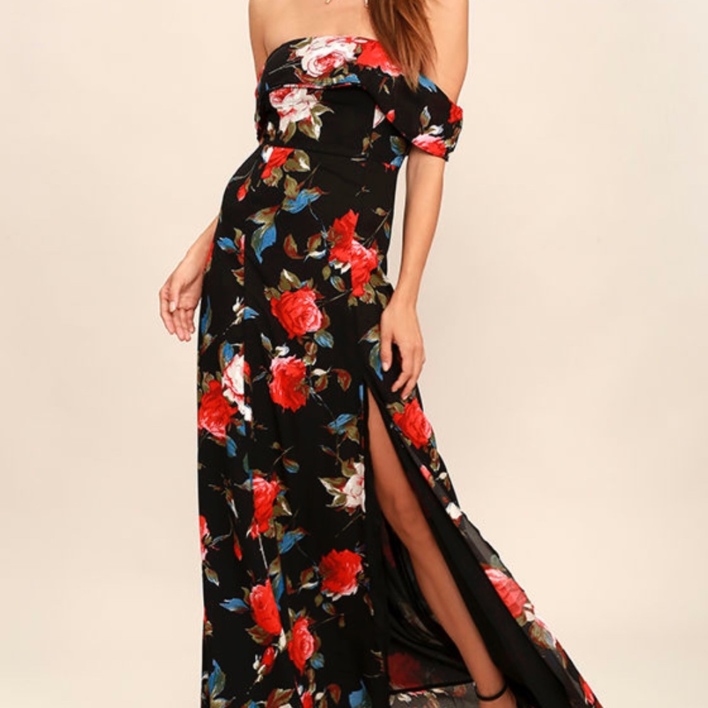 Lulu's Black Floral Print Off-The-Shoulder Dress