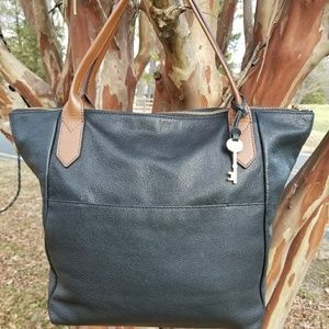 Fossil Fiona Tote - Blk Leather w/Brn Handles