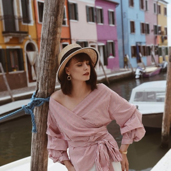 Zara Tops - Zara Red & White Stripe  Puffy Sleeves Wrap Top