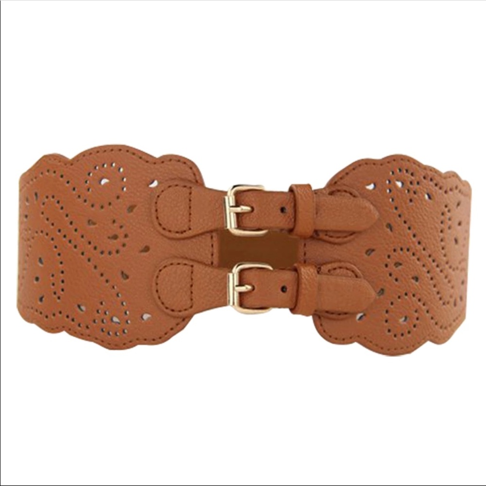 Tan Laser Cut Double Buckle Belt - Picture 2 of 8