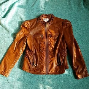 Cognac brown faux leather jacket with puff sleeves