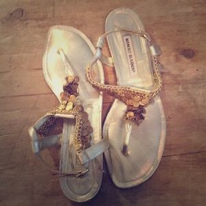 Manolo Blahnik gold leather coin flat sandals