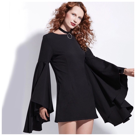 Black Waterfall Flare Sleeve Tunic Top Dress - Picture 3 of 7