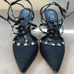 BCBG Black and gold studded strappy heels