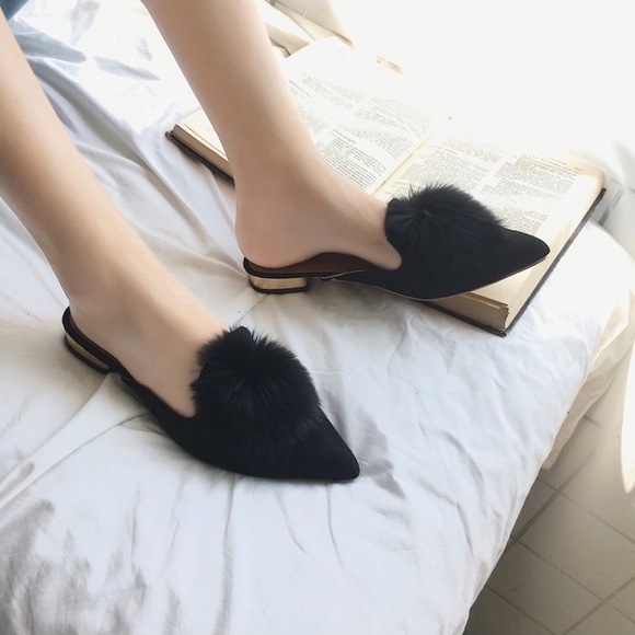 Shoes - LAST PAIR! NWT Vegan Suede black Pom Pom Mules 8.5