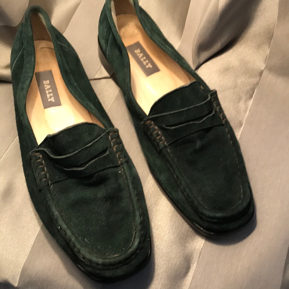 Green suede bally loafers