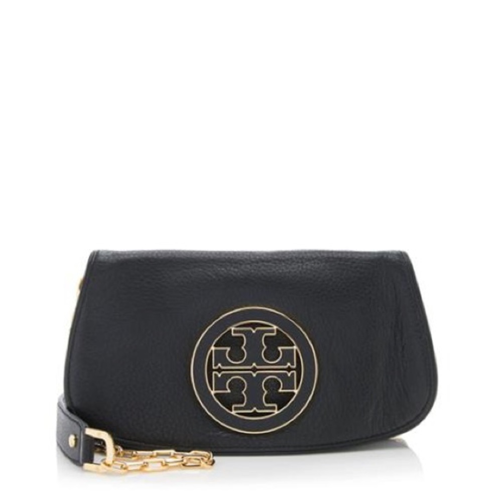 Tory Burch Womens Black Amanda Logo Leather Clutch