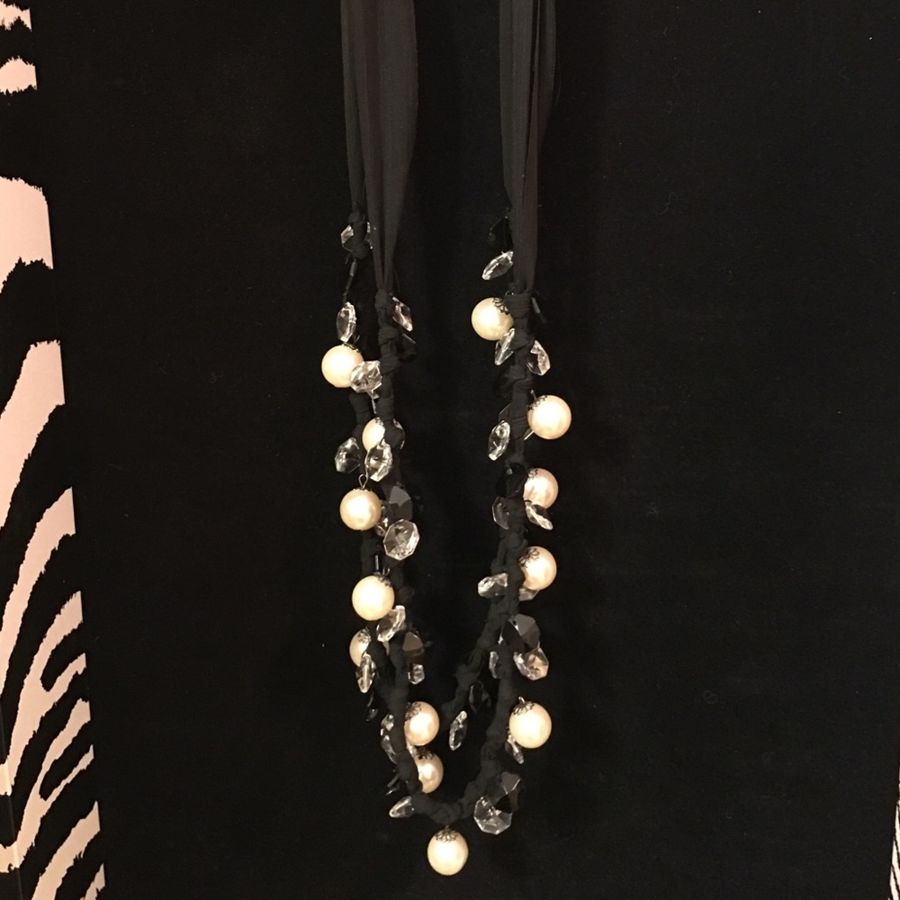 Pearl and black ribbon necklace