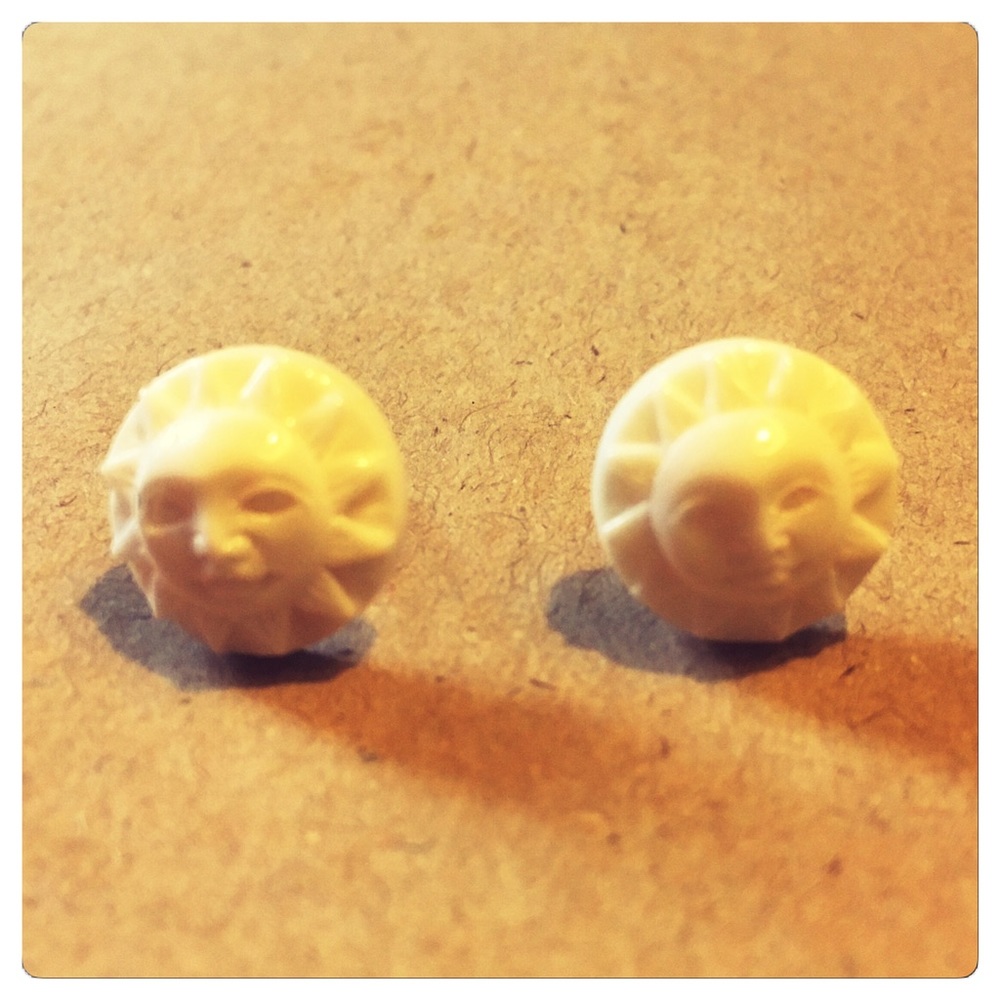 Tiny Handcrafted Bone Suns w/ Faces Stud Earrings